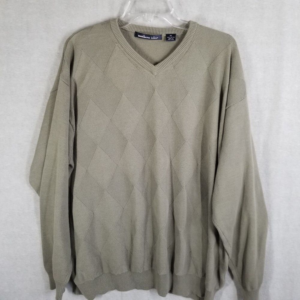 Vintage Northern Isles Men's 2XL Sweater Olive‎ Green V-Neck Argyle Textured